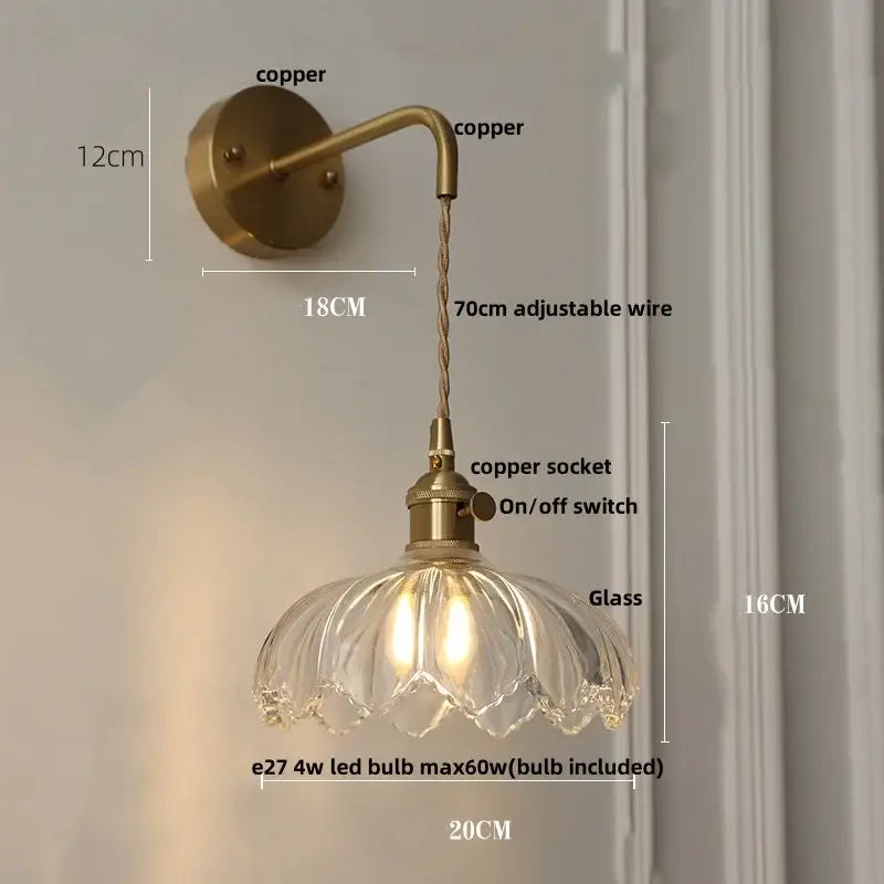 Vintage brass amber coffee glass wall sconce bedroom led light