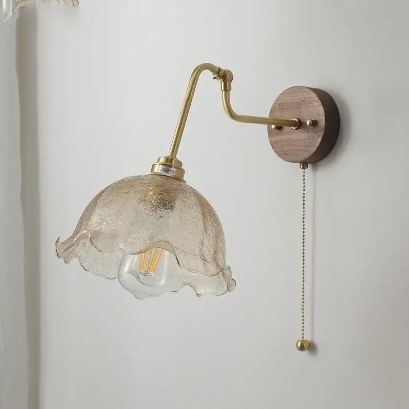 Vintage brass amber glass led wall lights pull chain bedroom sconce