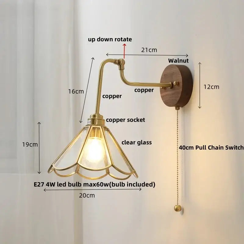 Vintage brass amber glass led wall lights pull chain bedroom sconce