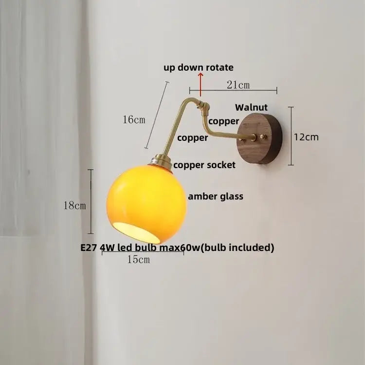 Vintage brass amber glass led wall lights pull chain bedroom sconce