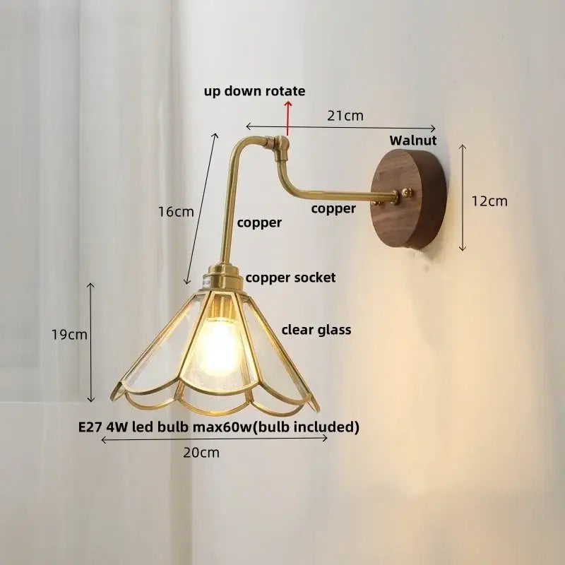 Vintage brass amber glass led wall lights pull chain bedroom sconce