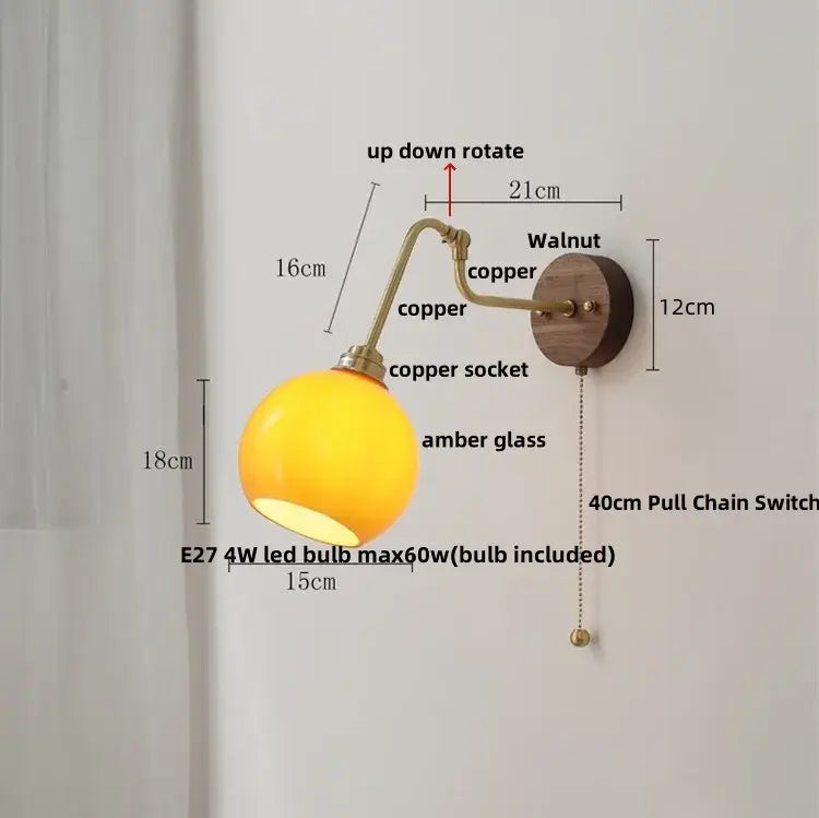 Vintage brass amber glass led wall lights pull chain bedroom sconce