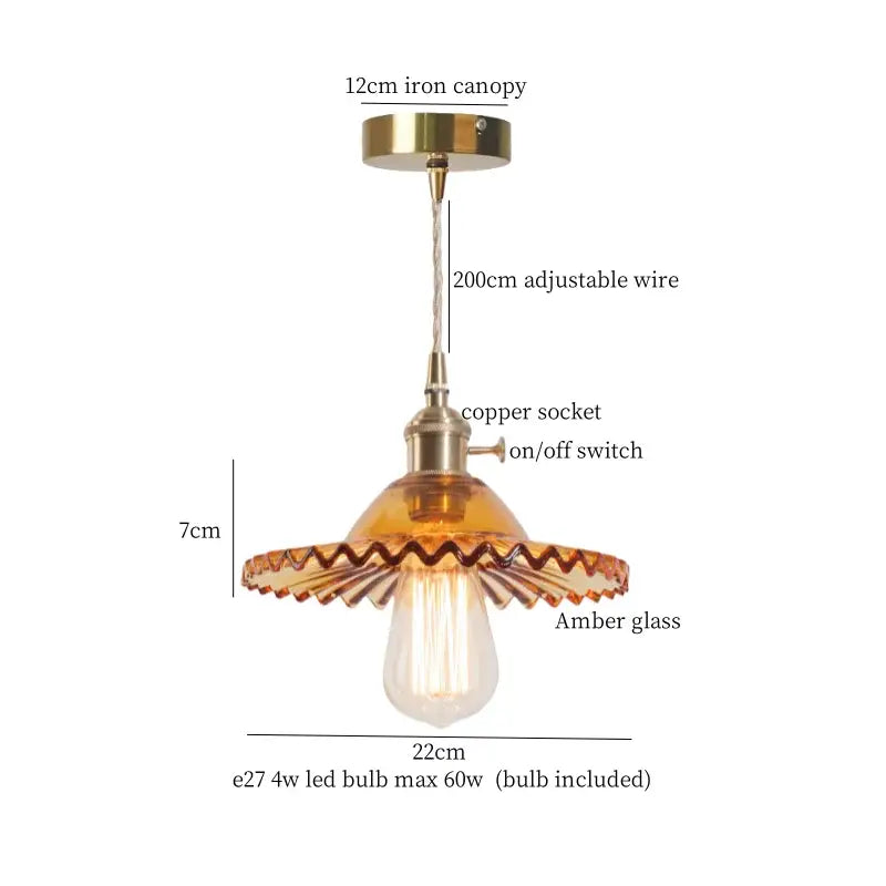 Vintage brass amber glass pendant light for kitchen island
