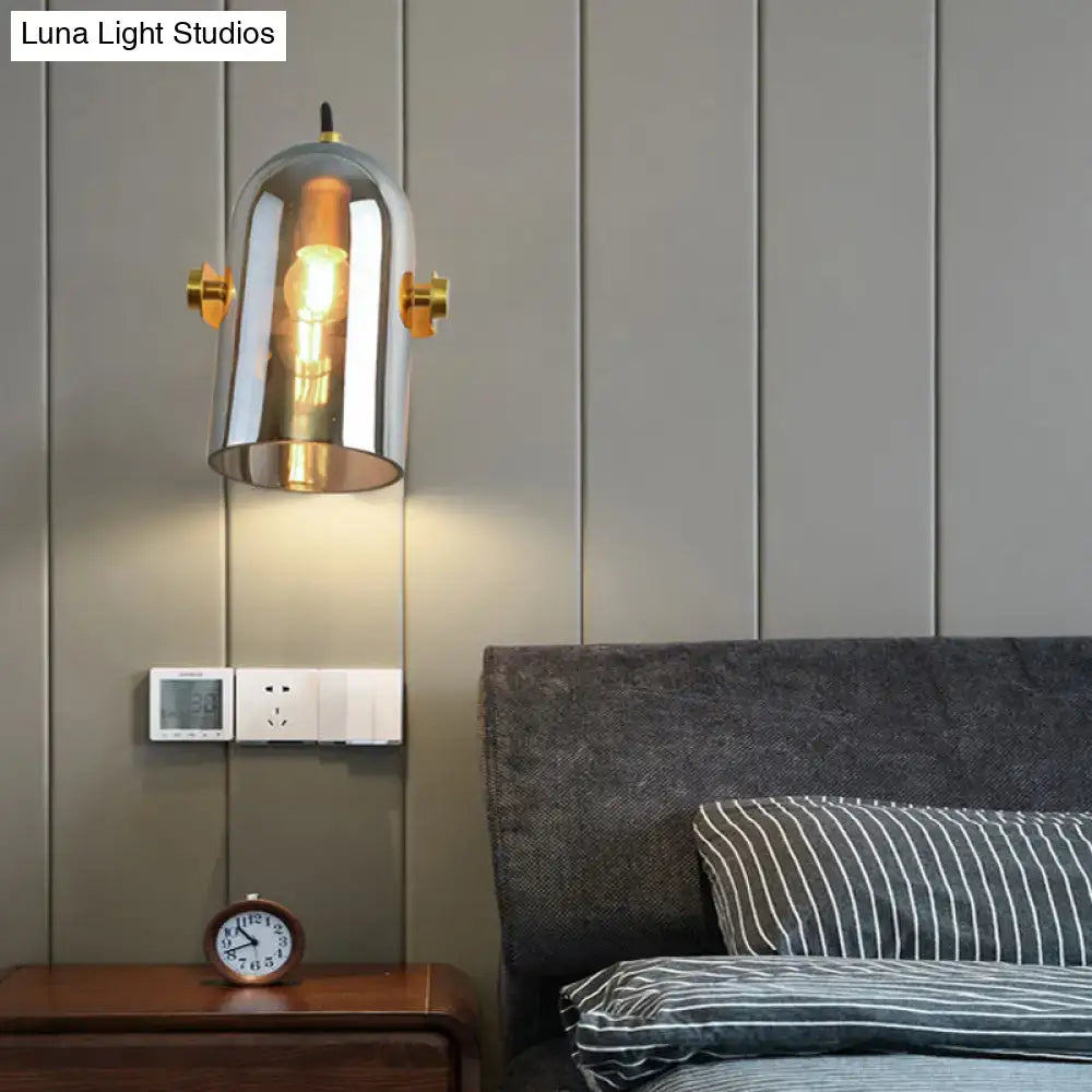 Vintage brass amber & smoke glass cloche bedside sconce bedroom