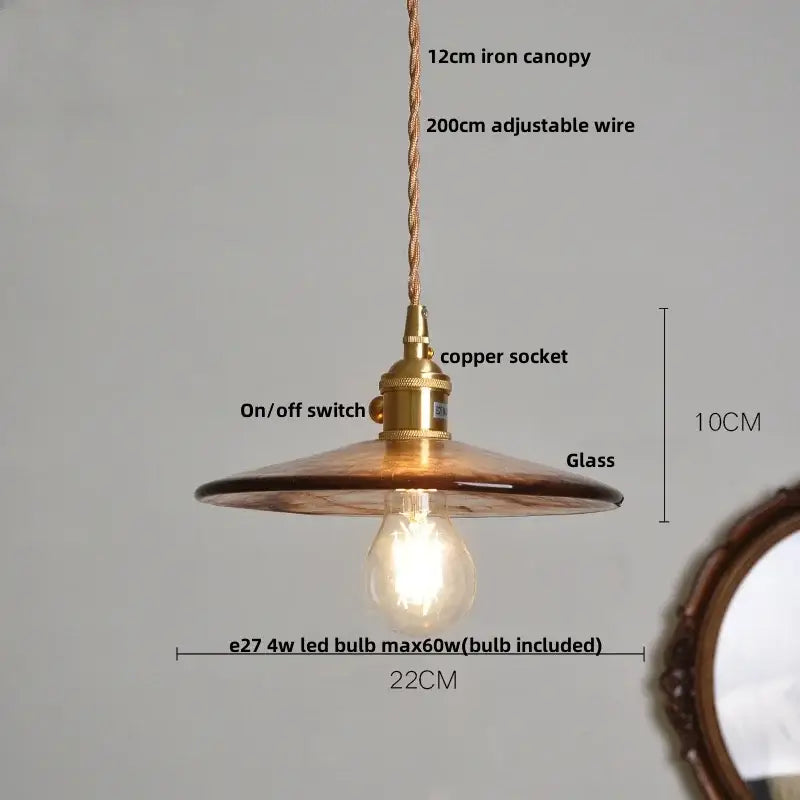 Vintage brass and amber glass pendant light kitchen hanging lamp