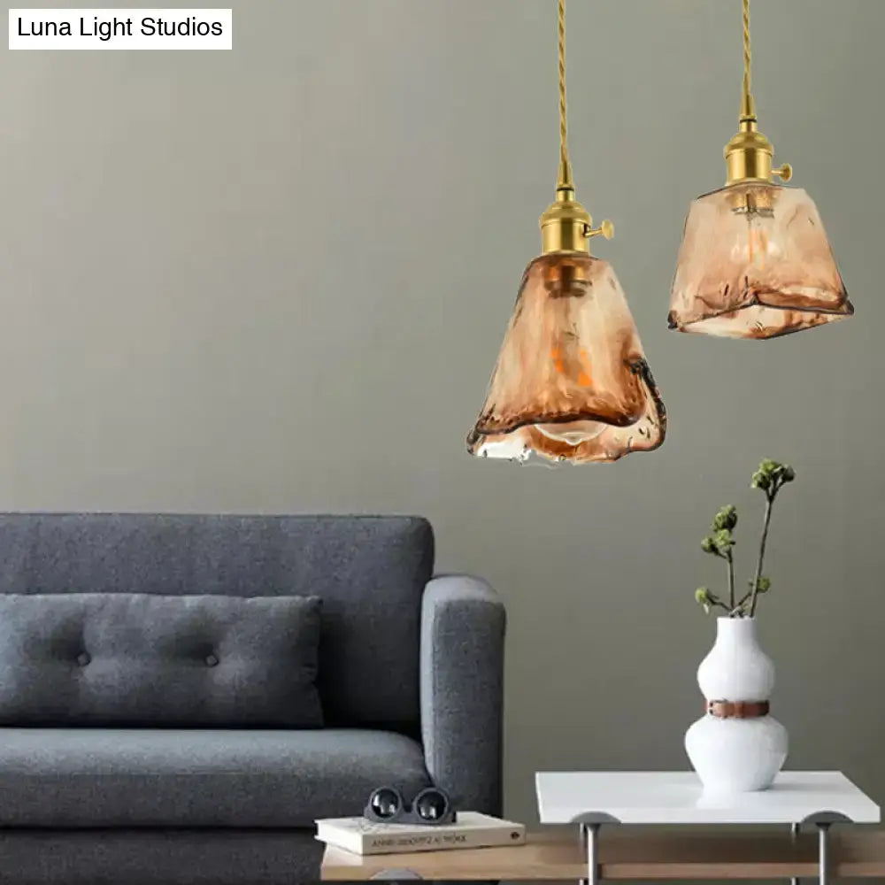 Vintage brass and amber glass shaded drop pendant – living room light