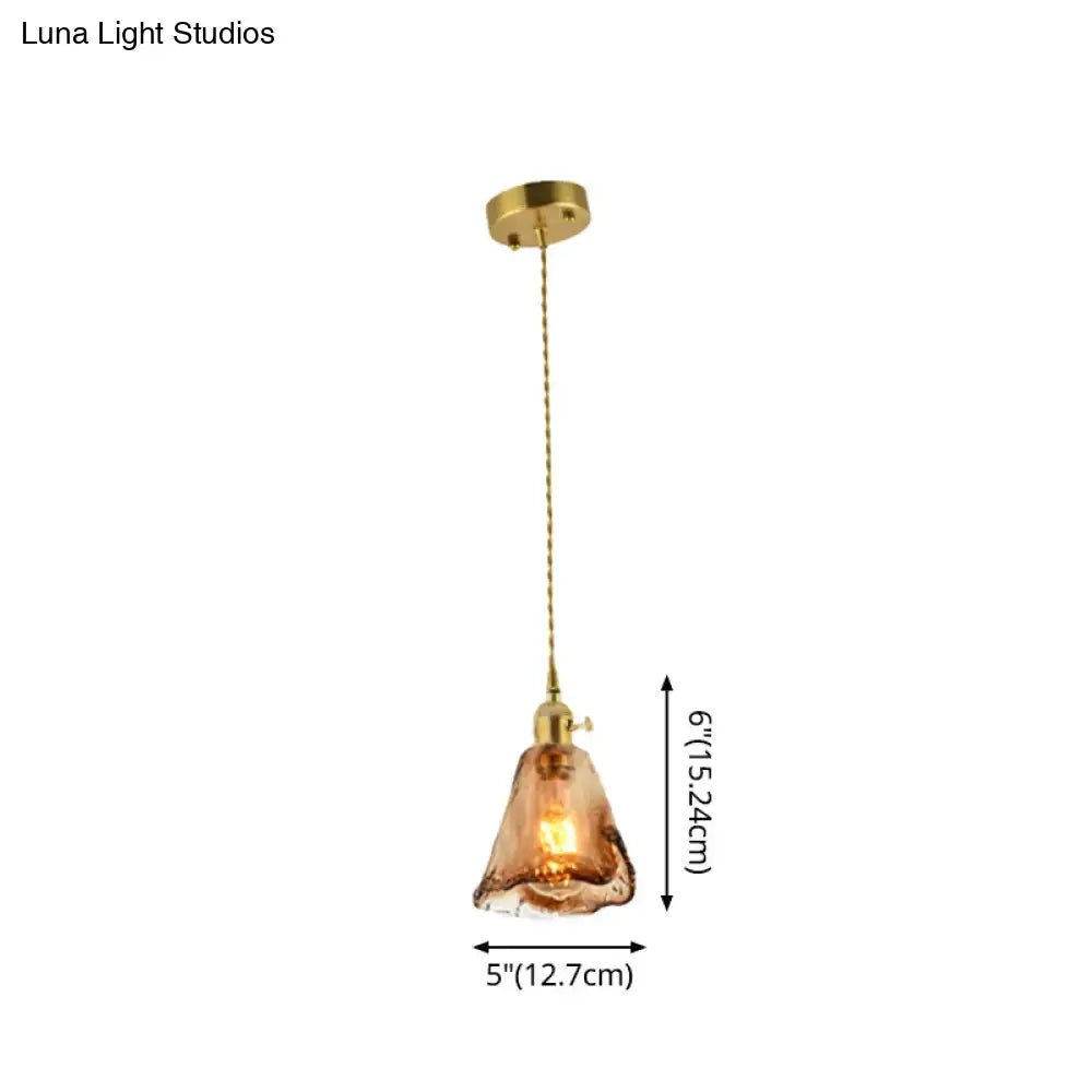 Vintage brass and amber glass shaded drop pendant – living room light