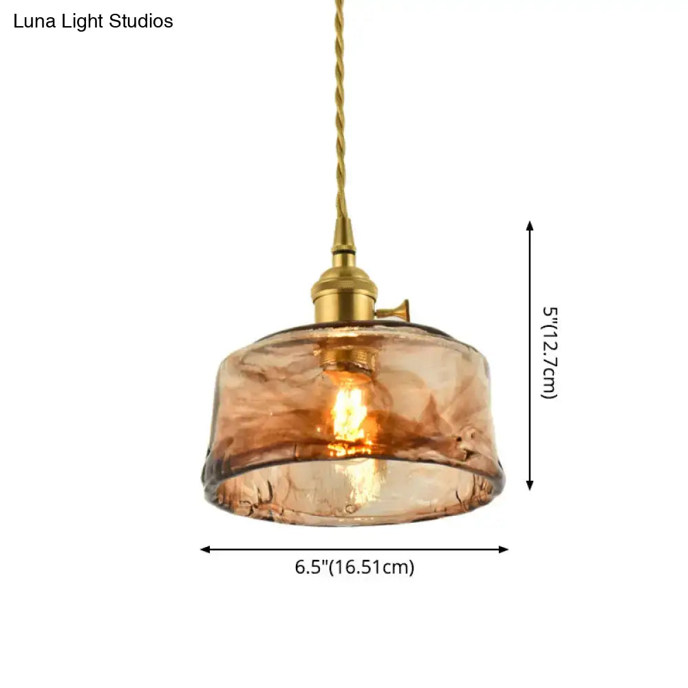 Vintage brass and amber glass shaded drop pendant – living room light