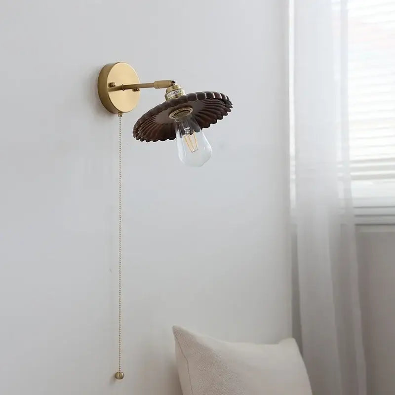 Vintage brass and amber glass wall lamp bedroom scalloped sconce
