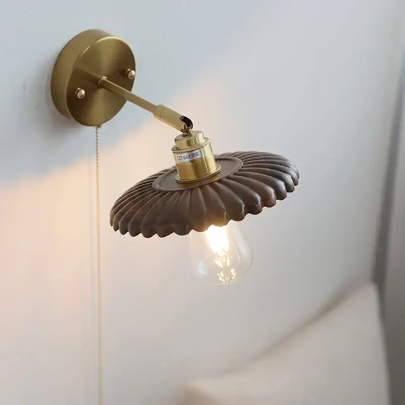 Vintage brass and amber glass wall lamp bedroom scalloped sconce