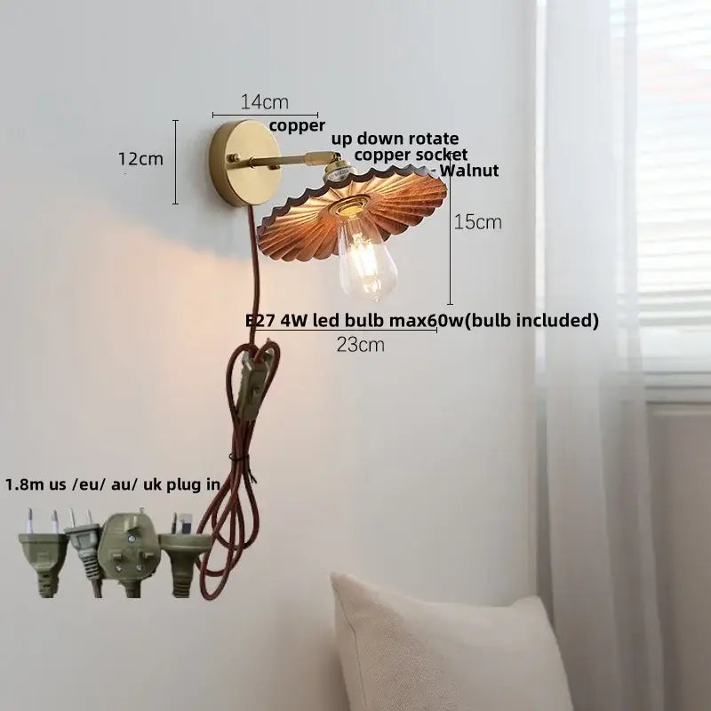 Vintage brass and amber glass wall lamp bedroom scalloped sconce