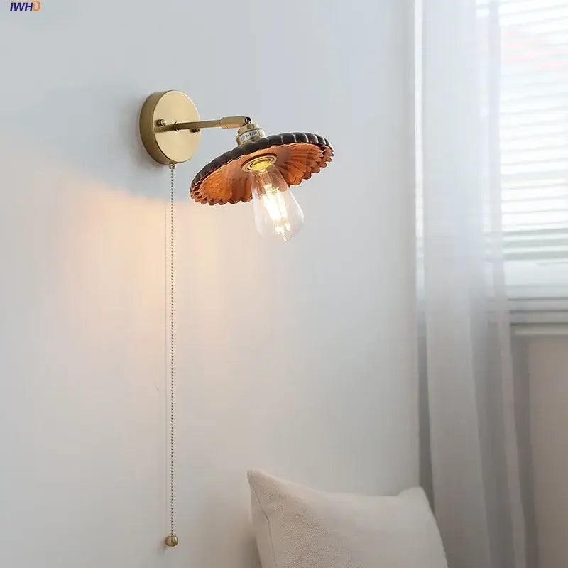 Vintage brass and amber glass wall lamp bedroom scalloped sconce