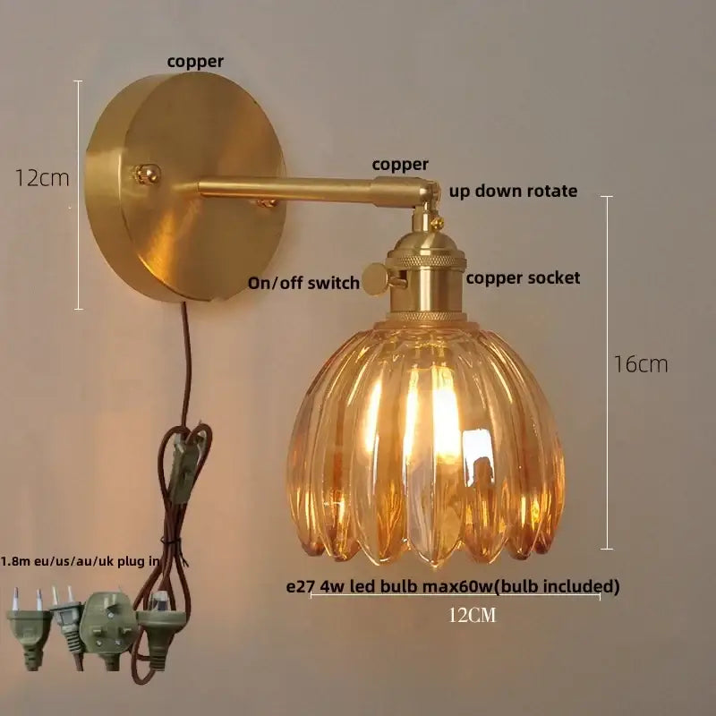 Vintage brass and amber glass wall light bedroom flower sconce