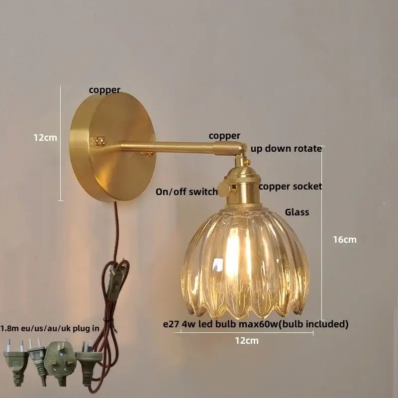 Vintage brass and amber glass wall light bedroom flower sconce