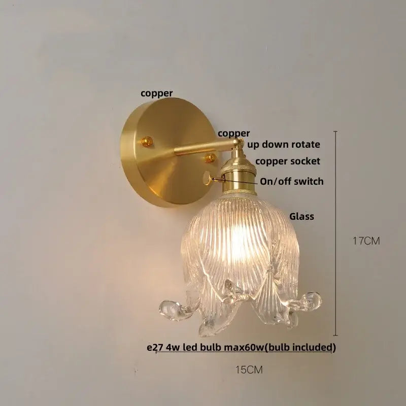 Vintage brass and amber glass wall light bedroom flower sconce