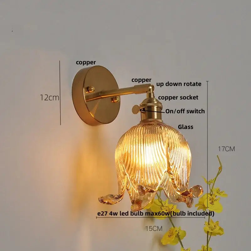 Vintage brass and amber glass wall light bedroom flower sconce