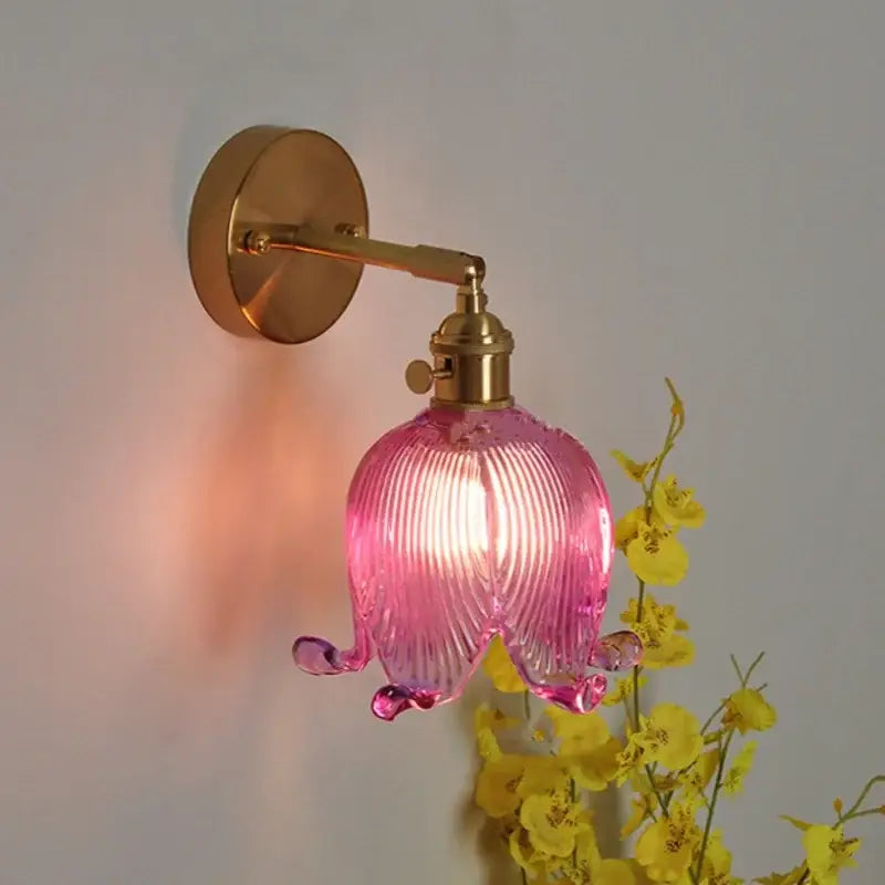 Vintage brass and amber glass wall light bedroom flower sconce