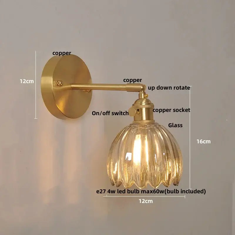 Vintage brass and amber glass wall light bedroom flower sconce