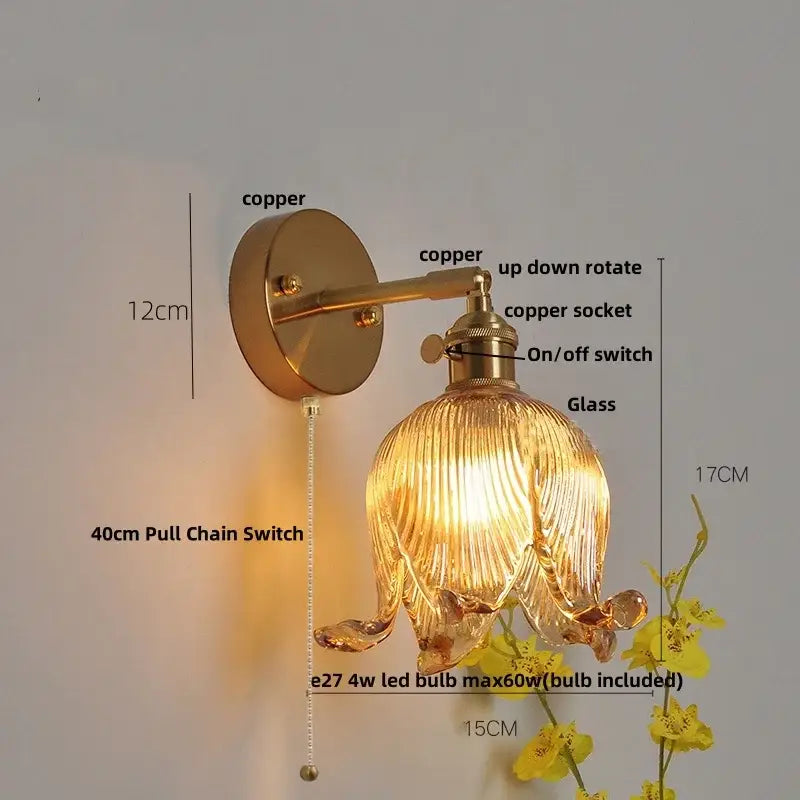 Vintage brass and amber glass wall light bedroom flower sconce