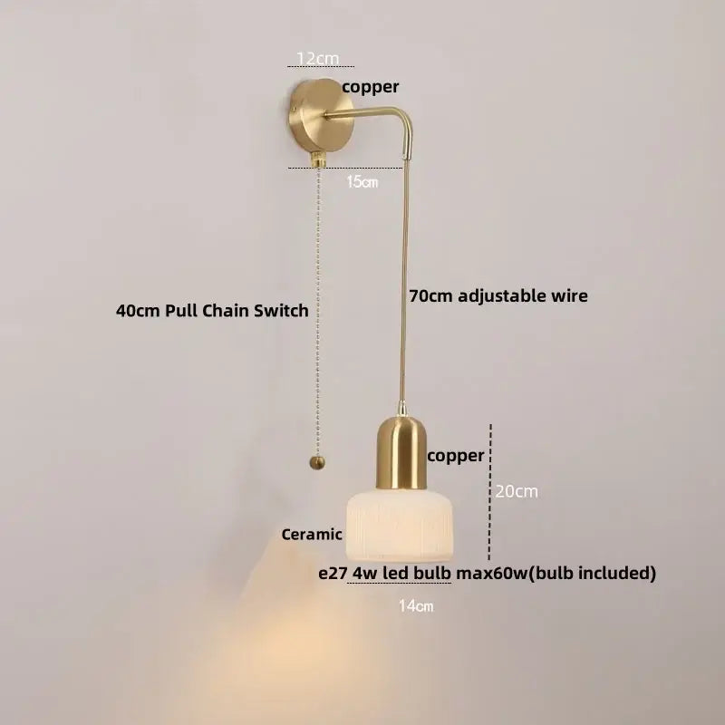Vintage brass and amber glass wall sconce bedroom ceramic led wall light