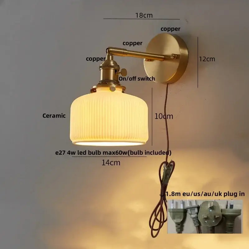 Vintage brass and amber glass wall sconce bedroom ceramic led wall light