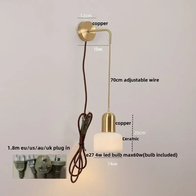 Vintage brass and amber glass wall sconce bedroom ceramic led wall light