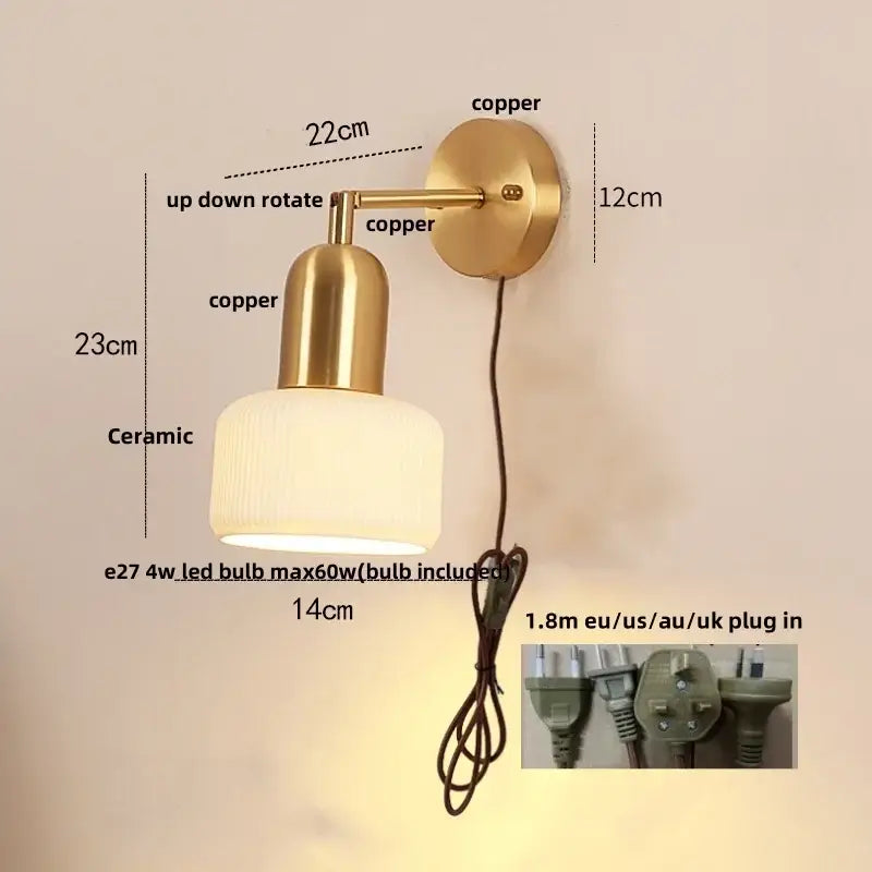 Vintage brass and amber glass wall sconce bedroom ceramic led wall light