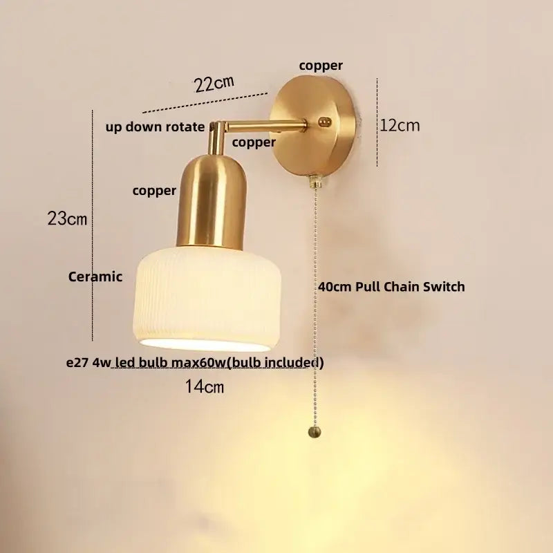 Vintage brass and amber glass wall sconce bedroom ceramic led wall light