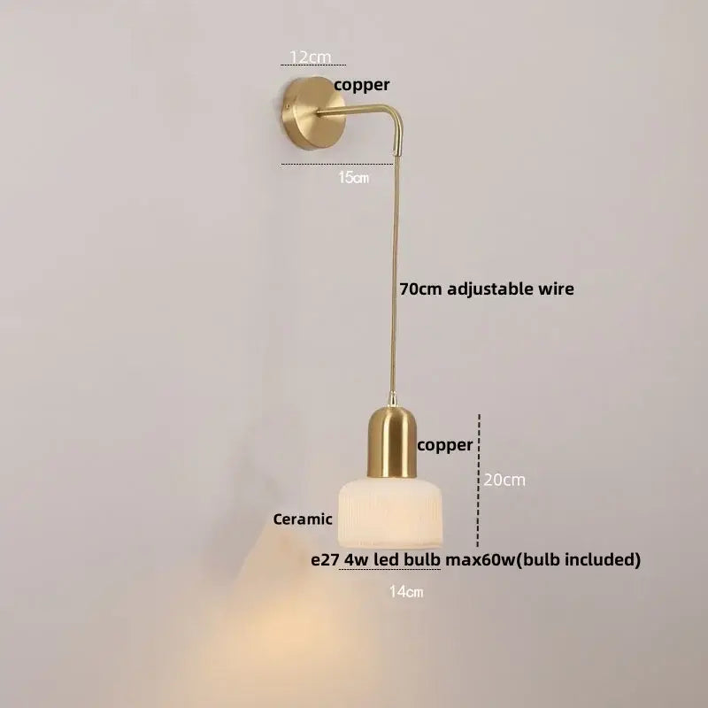 Vintage brass and amber glass wall sconce bedroom ceramic led wall light