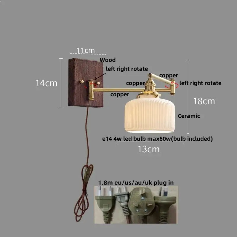 Vintage brass and amber glass wall sconce bedroom ceramic led wall light