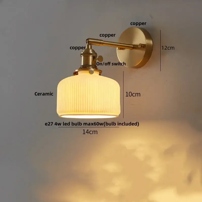 Vintage brass and amber glass wall sconce bedroom ceramic led wall light