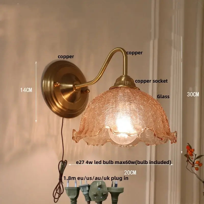 Vintage brass and amber glass wall sconce bedroom vanity light