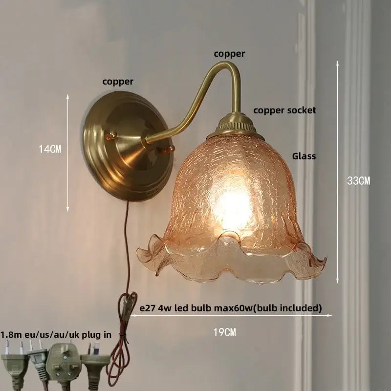 Vintage brass and amber glass wall sconce bedroom vanity light