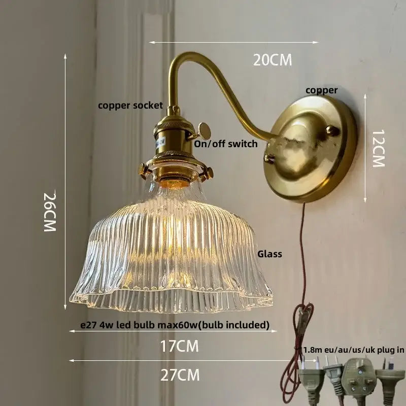 Vintage brass and amber glass wall sconce bedroom vanity light