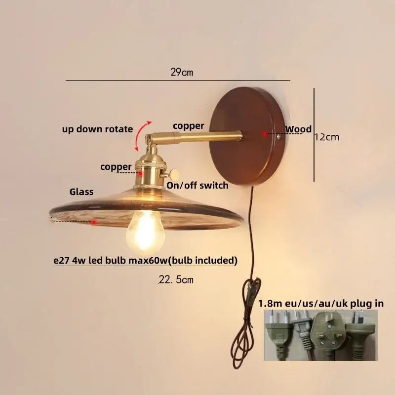 Vintage brass and amber glass wall sconce stair light with pull chain