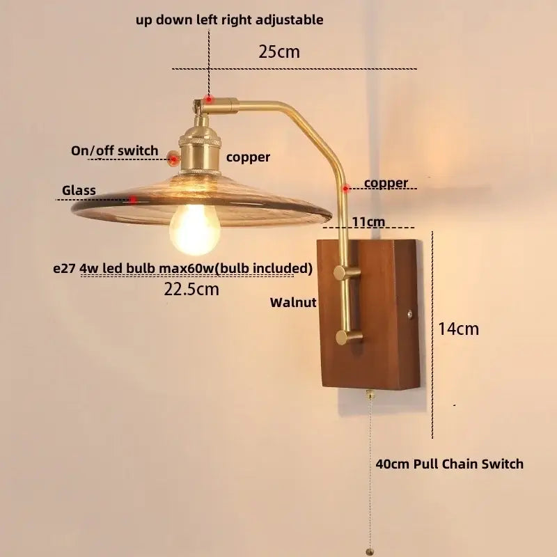 Vintage brass and amber glass wall sconce stair light with pull chain