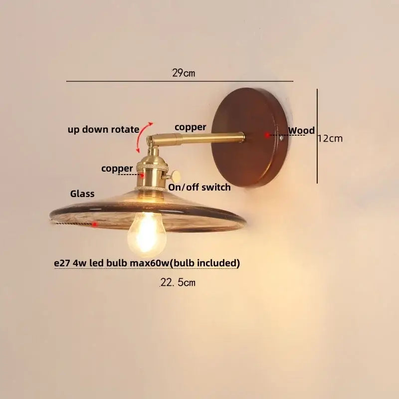 Vintage brass and amber glass wall sconce stair light with pull chain