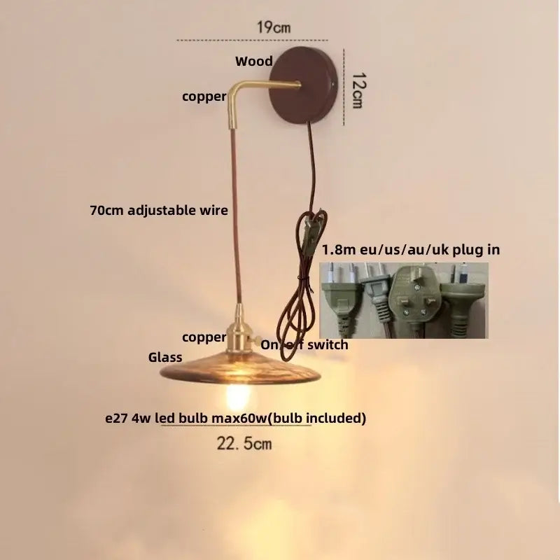 Vintage brass and amber glass wall sconce stair light with pull chain
