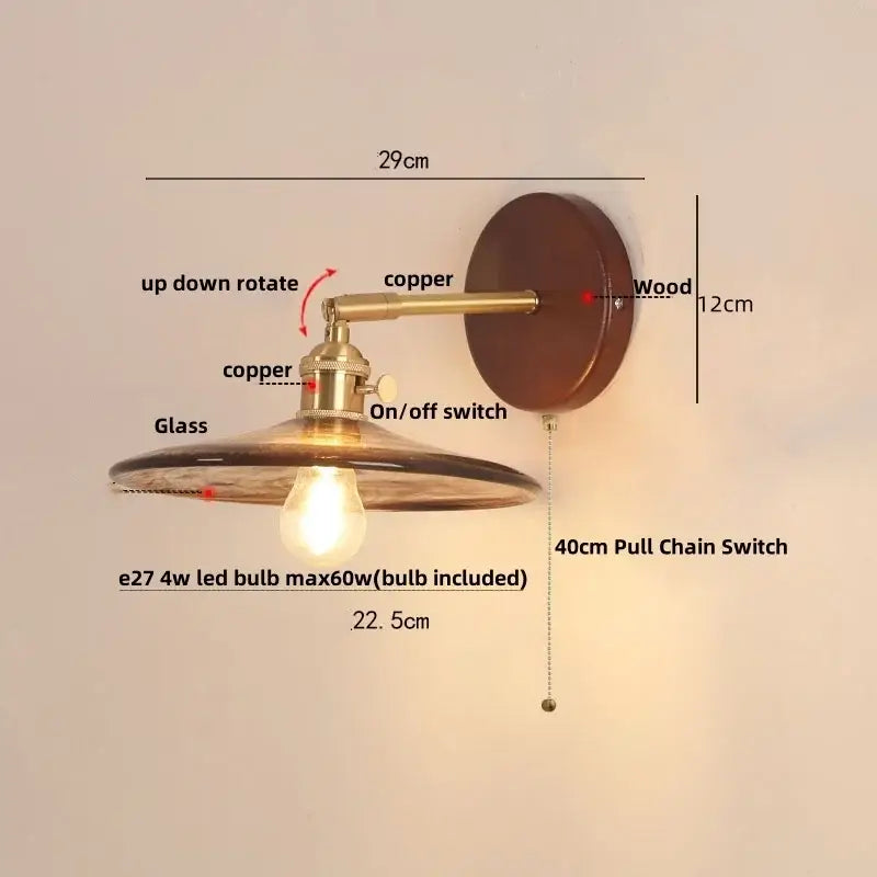 Vintage brass and amber glass wall sconce stair light with pull chain