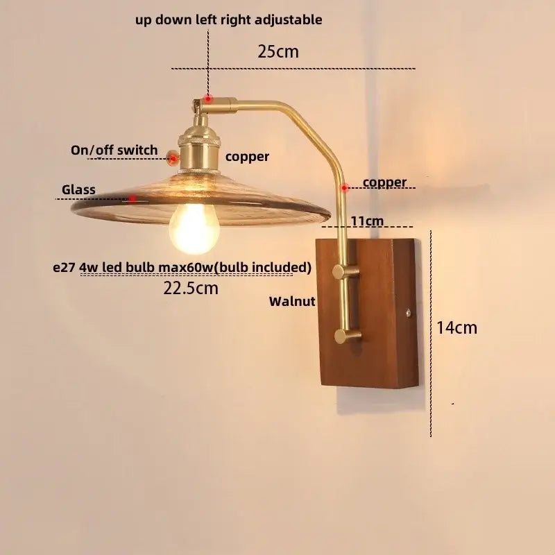 Vintage brass and amber glass wall sconce stair light with pull chain