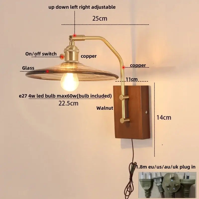 Vintage brass and amber glass wall sconce stair light with pull chain
