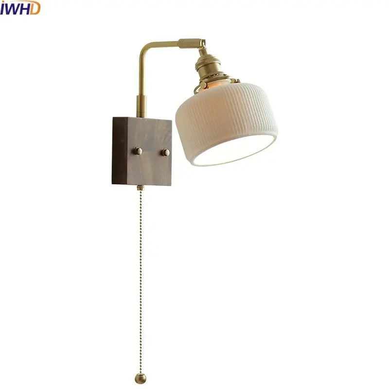 Vintage brass and ceramic led wall lights bedroom pull chain sconce