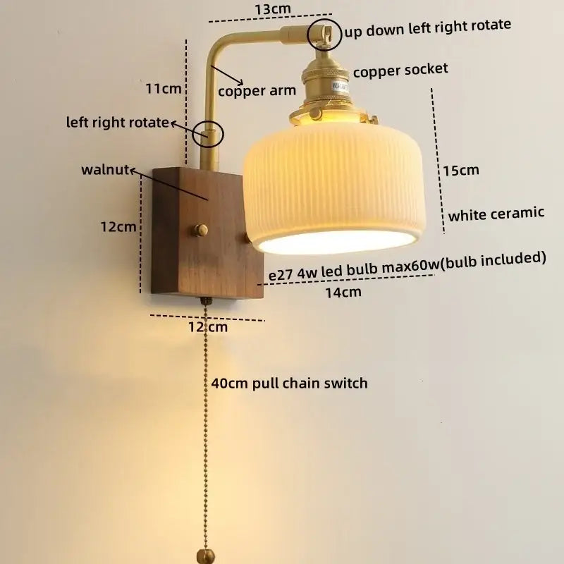 Vintage brass and ceramic led wall lights bedroom pull chain sconce