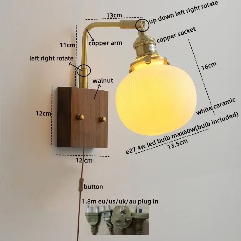 Vintage brass and ceramic led wall lights bedroom pull chain sconce