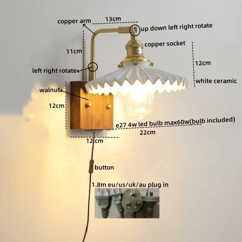 Vintage brass and ceramic led wall lights bedroom pull chain sconce