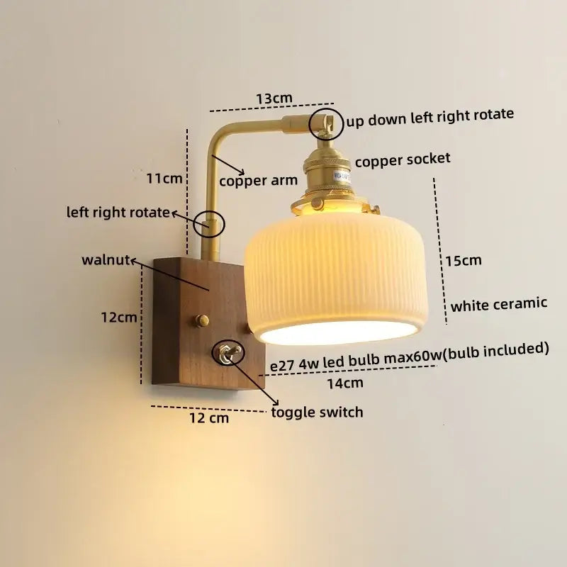 Vintage brass and ceramic led wall lights bedroom pull chain sconce