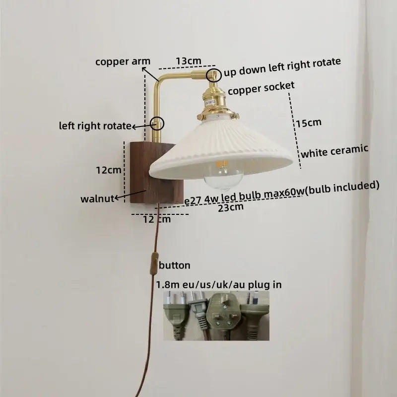 Vintage brass and ceramic led wall lights bedroom pull chain sconce