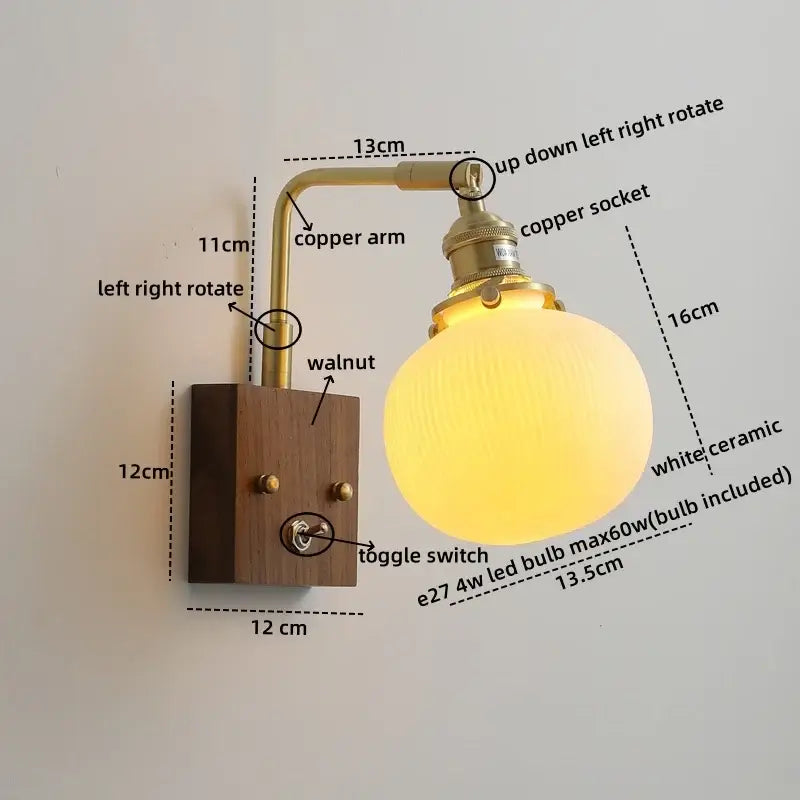 Vintage brass and ceramic led wall lights bedroom pull chain sconce