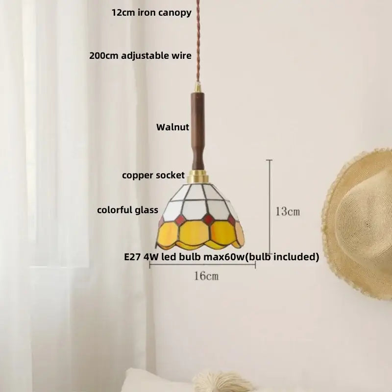 Vintage brass and ceramic walnut wood pendant light study aisle