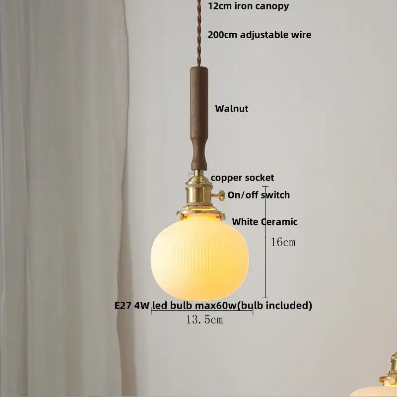 Vintage brass and ceramic walnut wood pendant light study aisle